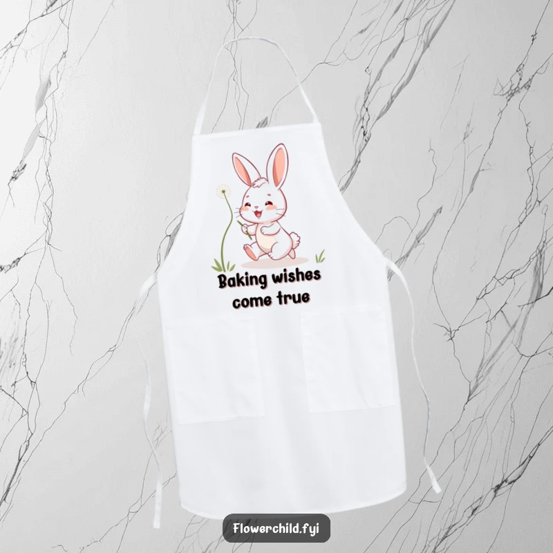 Funny bunny apron showing a playful bunny chasing dandelion seeds while cooking, adding whimsical fun to kitchen tasks.