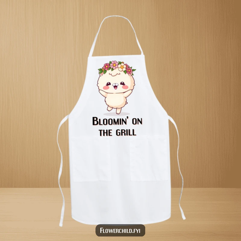 Funny apron with a fluffy animal wearing a flower crown, dancing while preparing food, adding humor to the kitchen.