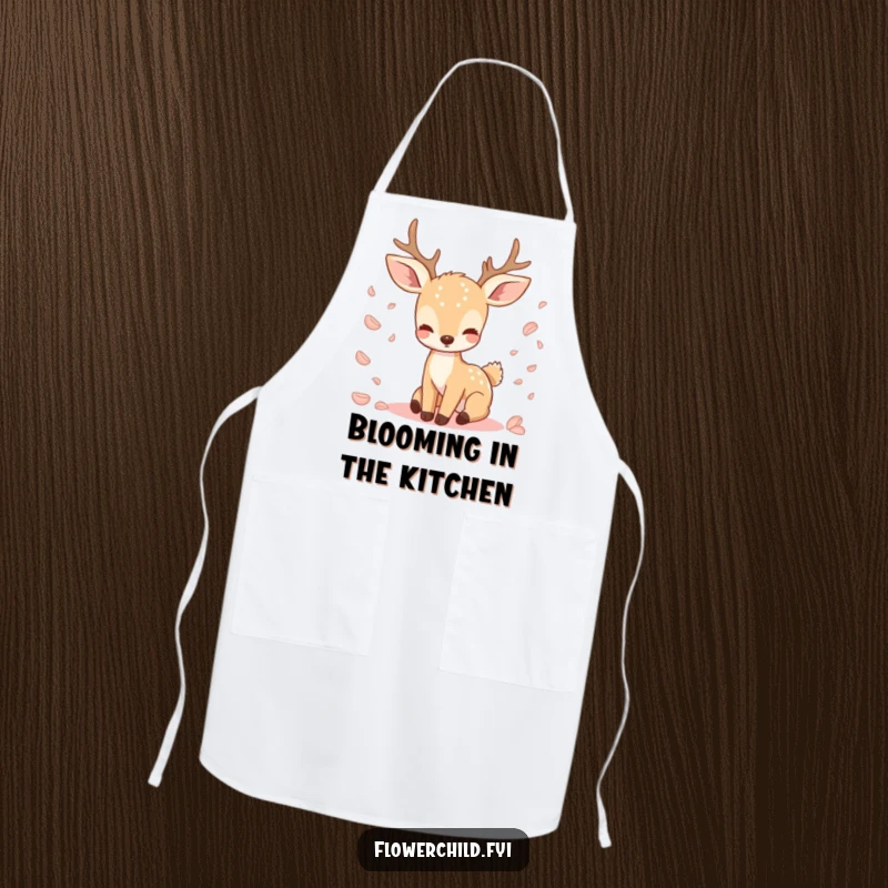 Funny kitchen apron featuring a serene deer with falling petals, perfect for adding a touch of nature and humor while cooking.