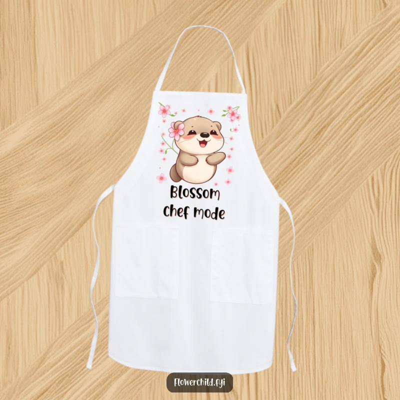 Funny otter apron showing a happy otter with a flower, floating peacefully surrounded by floating blossoms.