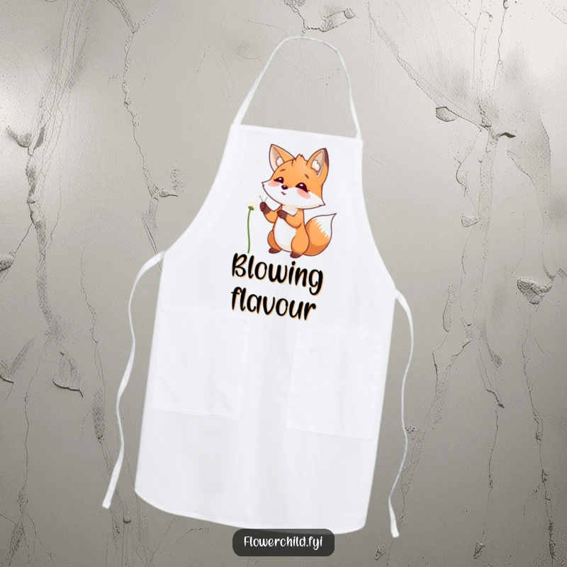 Funny Apron showcasing a playful fox smiling, blowing dandelion seeds into the wind, perfect for kitchen endeavors.