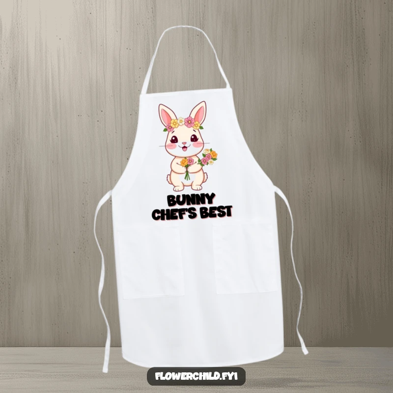 Funny apron featuring a happy rabbit wearing a flower crown and holding a lovely bouquet of flowers.