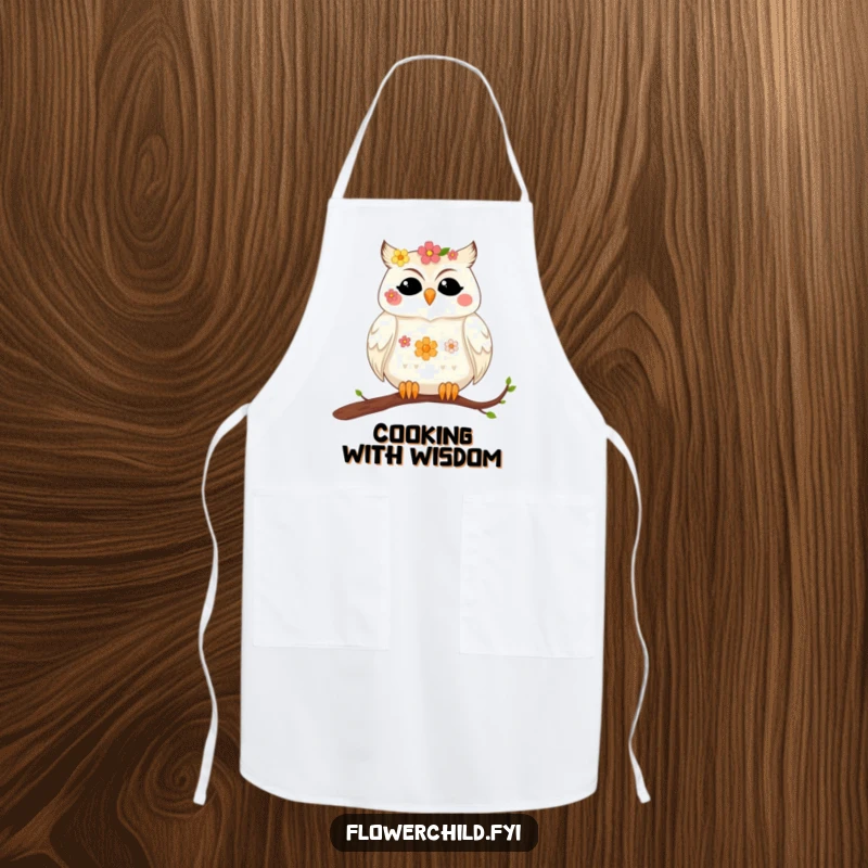 Funny chef apron with a contented owl with flowers in its feathers, perfect for peaceful cooking and a funny gift.