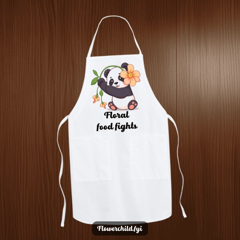 Funny panda apron depicting a cuddly panda playfully batting at a large, dangling flower, adding charm.