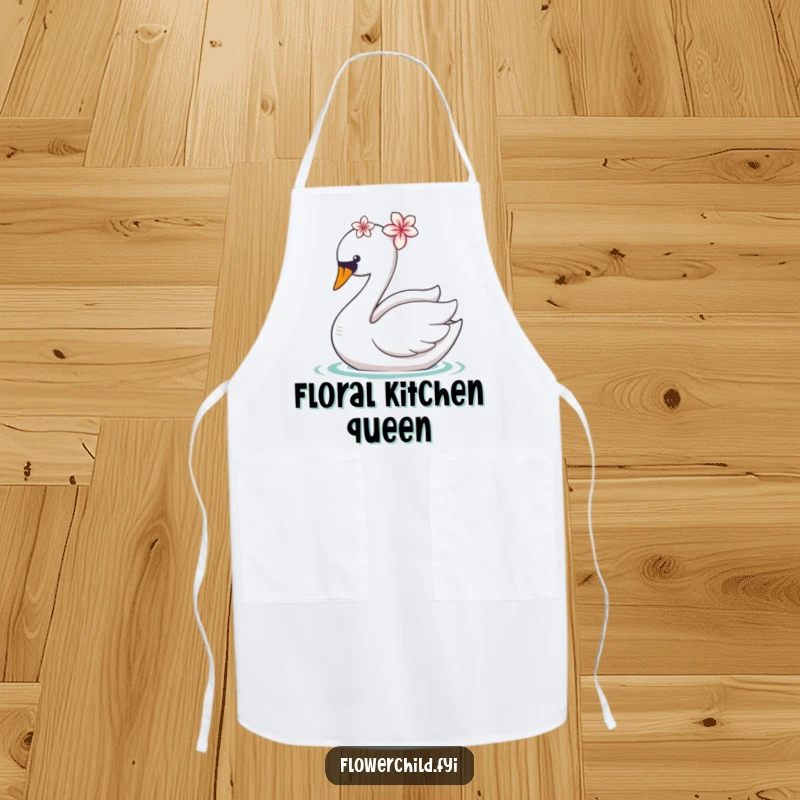 Funny kitchen apron featuring a graceful swan with a flower on its head, gliding beautifully.