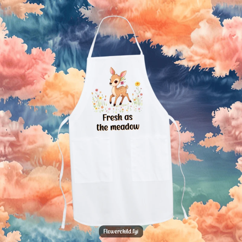 Funny Gentle Deer Wildflower Apron: A whimsical apron featuring a gentle deer adorned with wildflowers, prancing through a meadow. Great for kitchen fun.