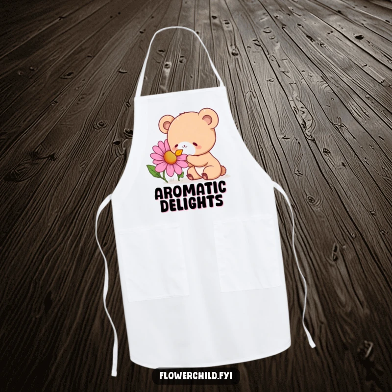Funny Apron showcasing a curious bear cub delightedly sniffing a giant, colorful wildflower, perfect for kitchen tasks.