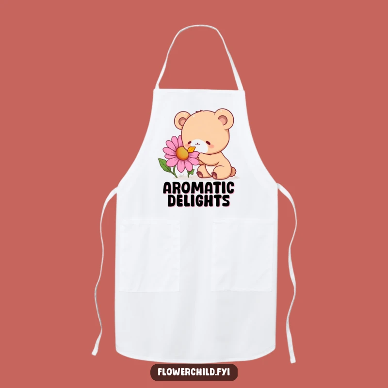 Funny Bear Cub Flower Sniffing Apron: Curious Delight Kitchen Wear, Great Funny Gift