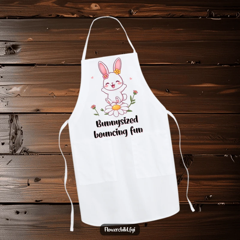 Funny bunny character with flower decorations bouncing on a daisy, a cute and functional kitchen apron.