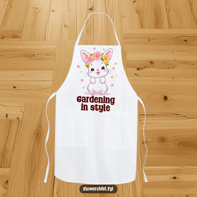 Funny Bunny Apron, depicting a happy bunny with a flower crown tossing petals, great for cooking and baking, a unique funny gift.