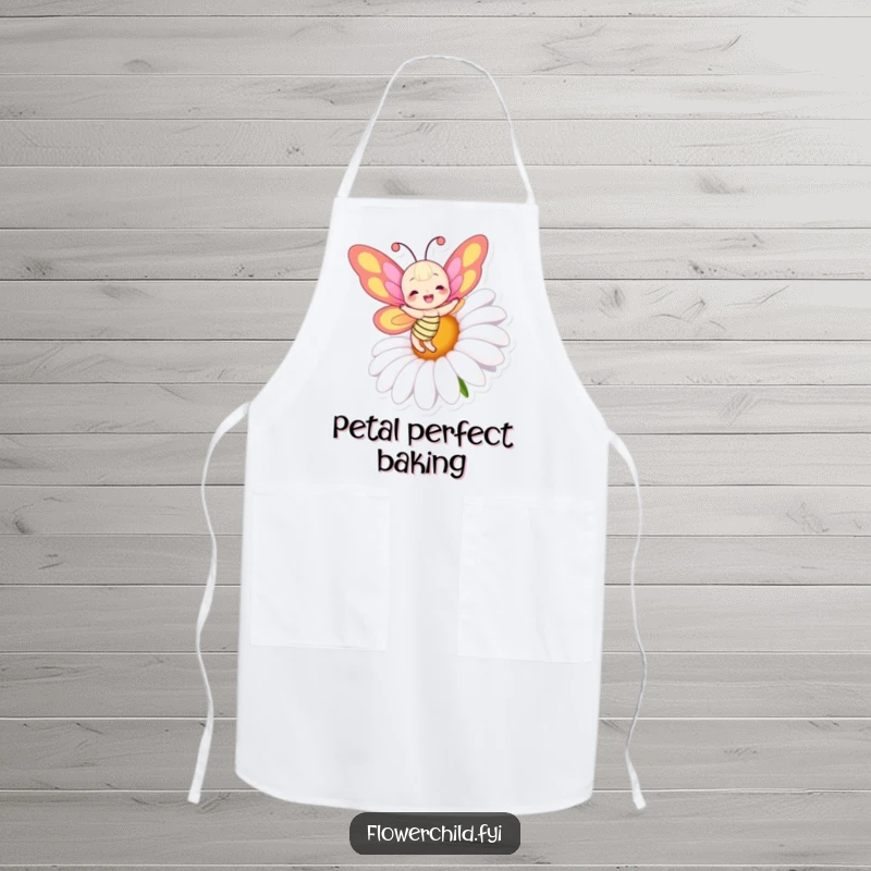 Funny apron featuring a joyful butterfly with colorful wings dancing merrily around a giant, blooming daisy.