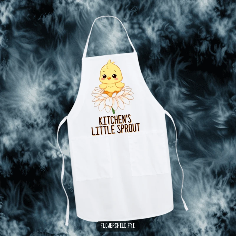 Funny kitchen apron with a happy chick on a daisy, ideal for adding cheer and protecting clothes while cooking.