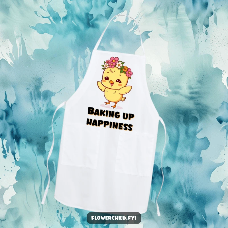 Funny apron depicting a happy chick wearing a flower crown, dancing with culinary flair.