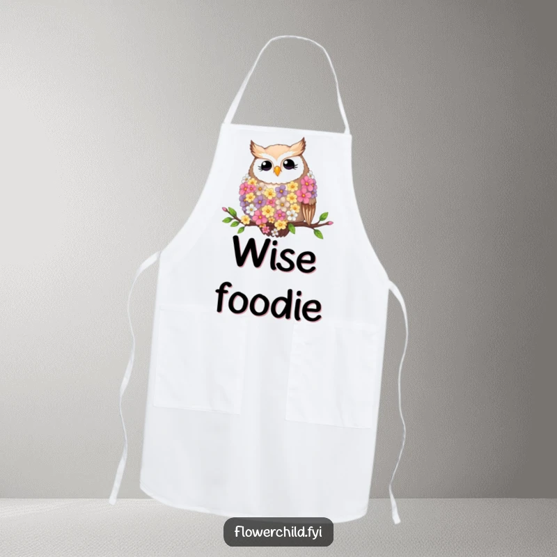 Funny apron featuring a contented owl wearing a flower feather boa, resting on a branch.