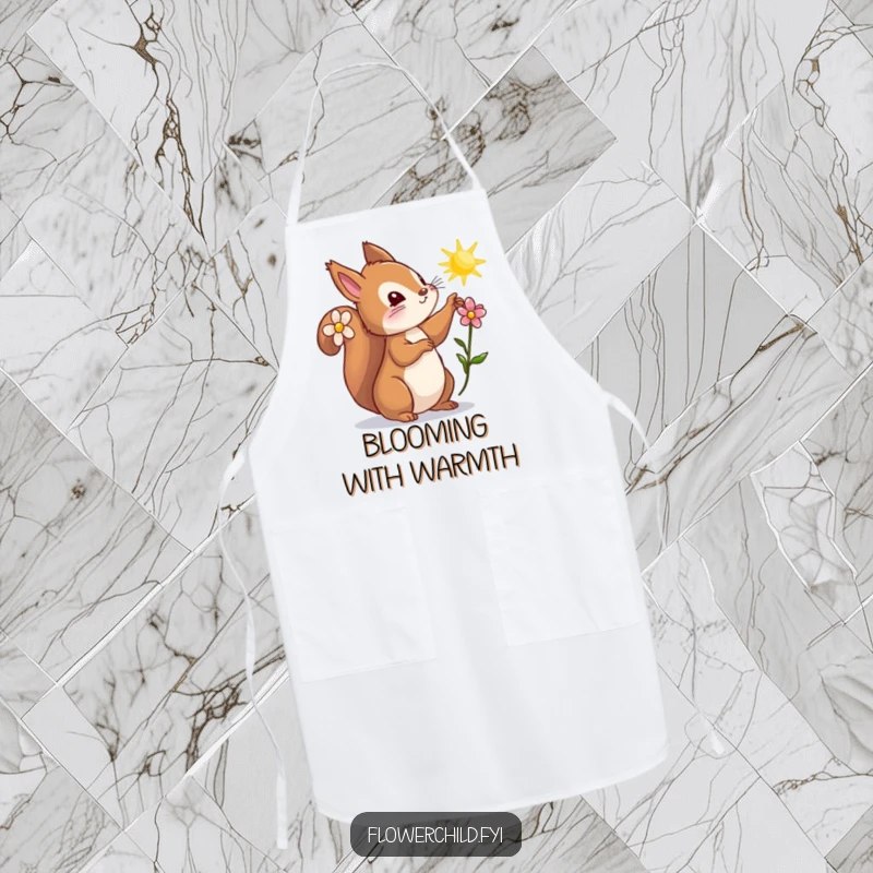Funny squirrel apron, a curious squirrel with a flower behind its ear reaching for a sunbeam, bringing woodland charm to the kitchen.