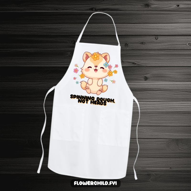 Funny apron with an animal character adorned with flowers in its fur, spinning happily while cooking.
