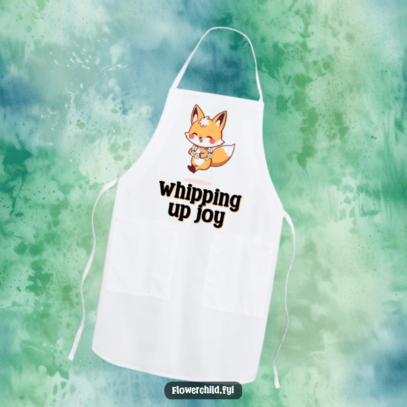Funny Fox Apron, showing a cheerful fox skipping with a daisy chain, perfect for kitchen duties, a unique funny gift.
