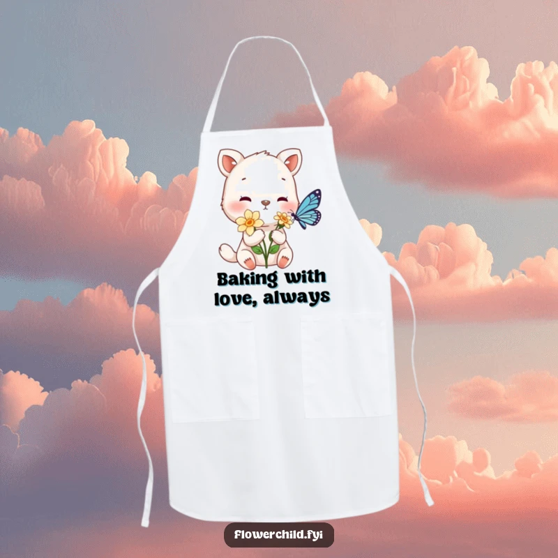 Funny apron with a gentle animal character offering a flower to a tiny butterfly, perfect for the kitchen.