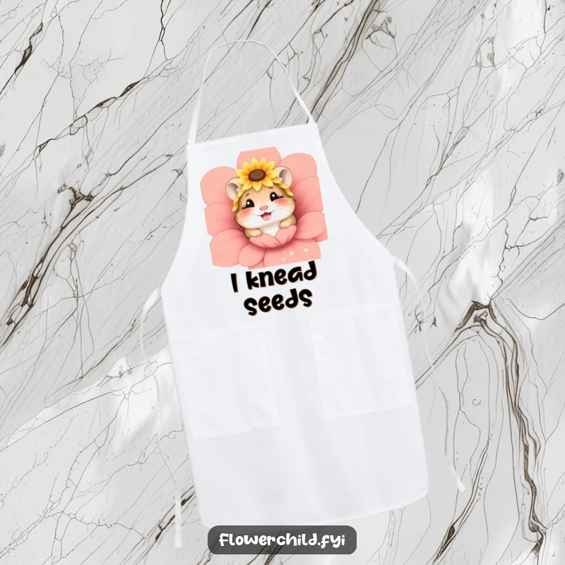 Funny apron with a giggling hamster wearing a sunflower headpiece, peeking from a flower, perfect for cooking.