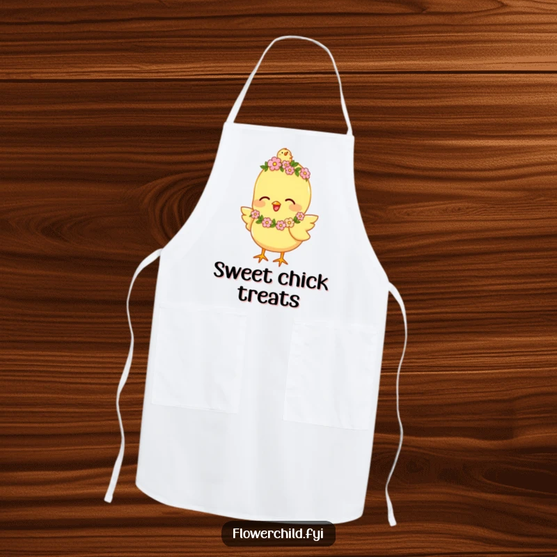 Funny Apron showcasing a happy chick wearing a tiny flower garland, chirping joyfully, perfect for kitchen adventures.