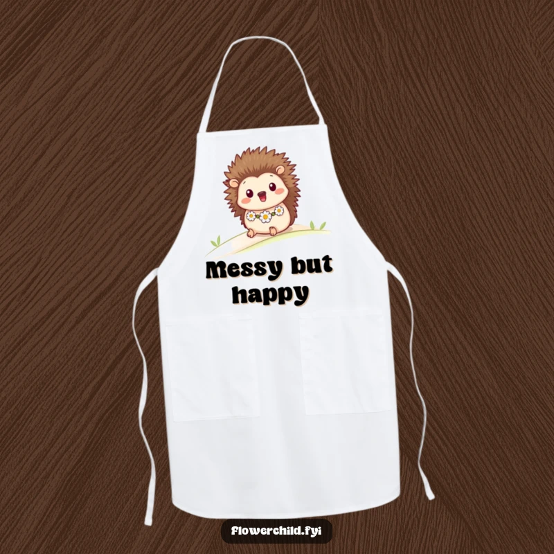 Funny kitchen apron with a happy hedgehog in a daisy chain, rolling downhill, ready for culinary adventures.