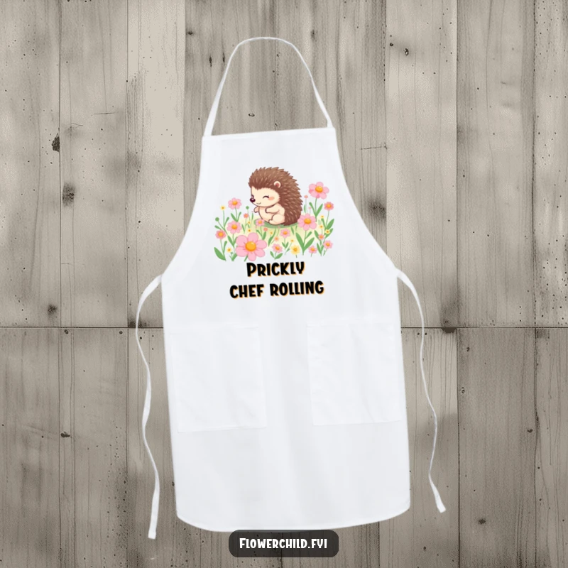 Funny apron illustrated with a happy hedgehog character rolling through a vibrant flower garden, ideal for culinary fun.