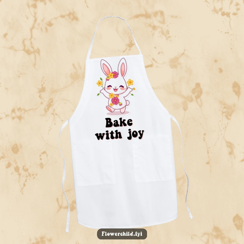 Funny Bunny Apron: A joyful bunny adorned with flowers dances while cooking, adding whimsical humor to kitchen attire.