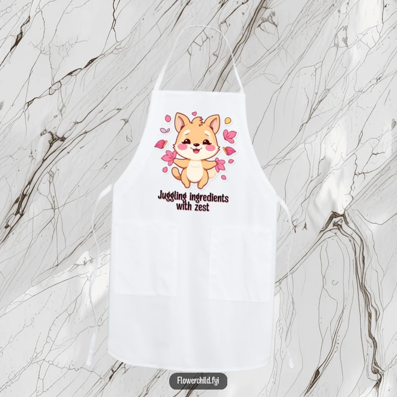 Funny apron with a playful animal character juggling vibrant flower petals with a smile, perfect for the kitchen.