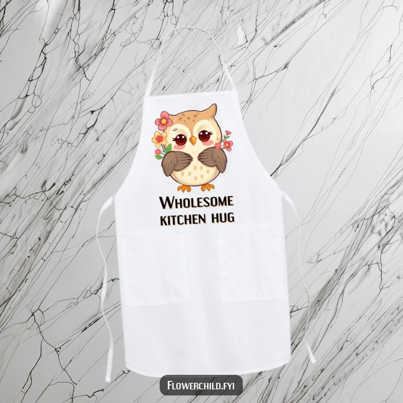 Funny whimsical owl with flowers in its feathers offering a hug on a durable kitchen apron, ready for cooking.