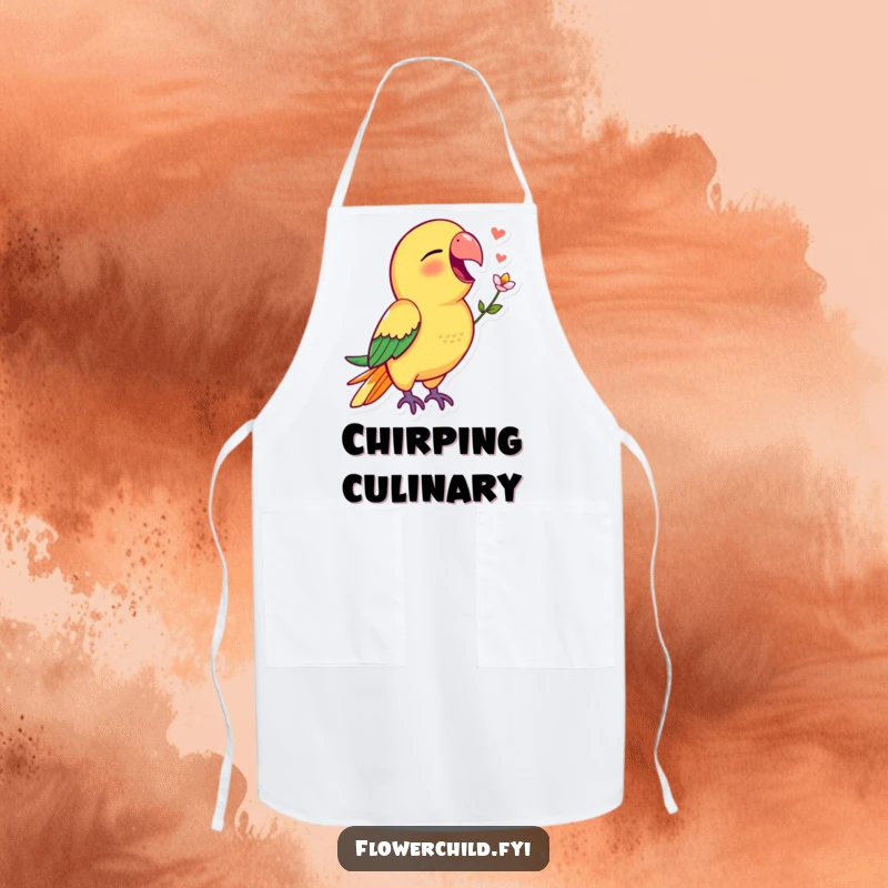 Funny parrot apron depicting a vibrant parrot singing with a flower in its beak, a cheerful kitchen accessory.