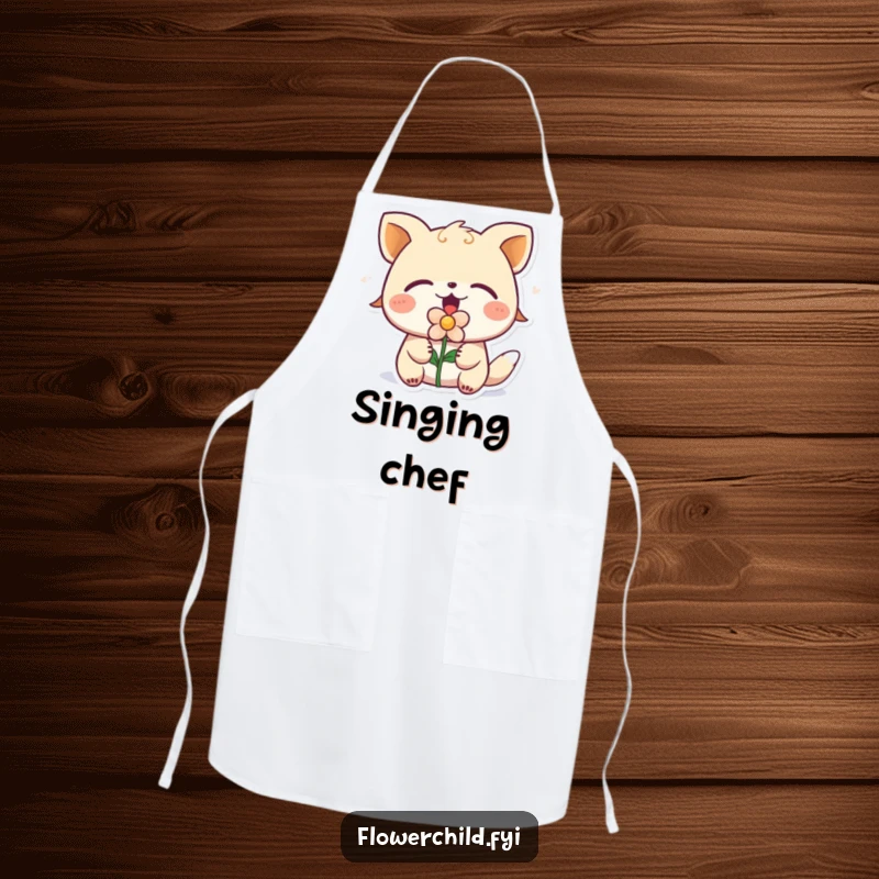 Funny animal character singing with eyes closed and a flower in its mouth, on a practical apron for cooking.