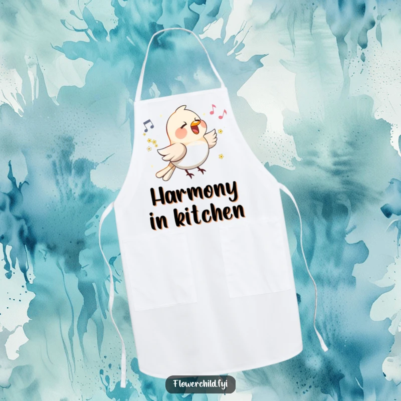 Funny Singing Bird Flower Wings Apron: A happy bird with flowers on its wings sings a tune, ready for kitchen melodies.