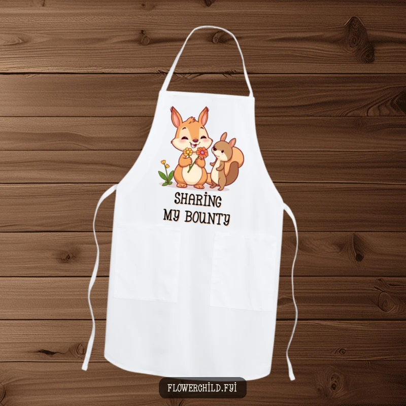 Funny squirrel apron showing a jovial squirrel offering a flower while cooking, adding whimsical charm and a message of kindness to kitchen tasks.