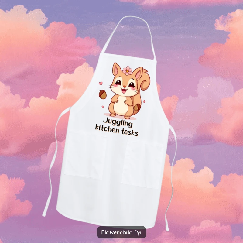 Funny Squirrel Petals Apron: A squirrel adorned with petals juggling acorns, ready for funny kitchen adventures.