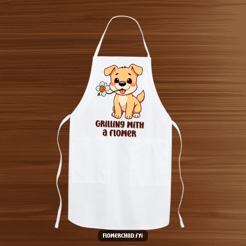 Funny Dog Flower Apron: A functional apron featuring a playful dog holding a flower, tail wagging.