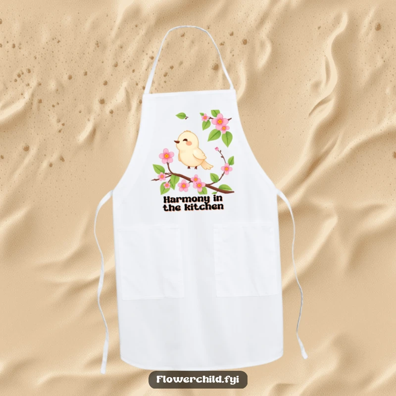 Funny apron featuring a serene bird character perched on a blooming vine, singing joyfully.
