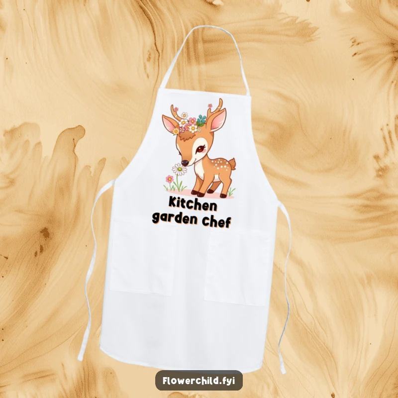 Funny curious deer apron, with flowers in antlers, sniffing a daisy, great for kitchen use, adds charm, perfect funny gift.