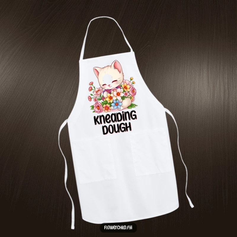 Funny Kitten Apron: A charming kitten arranges a bouquet while cooking, adding adorable and floral humor to kitchen wear.