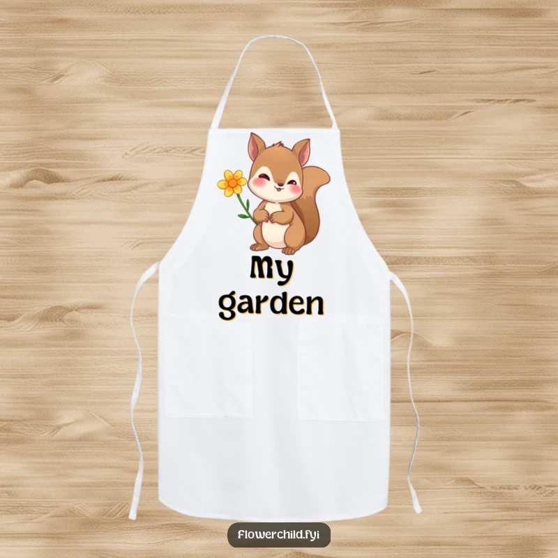 Funny apron with a curious squirrel wearing a flower behind its ear, ready for kitchen duty with a smile and charm.