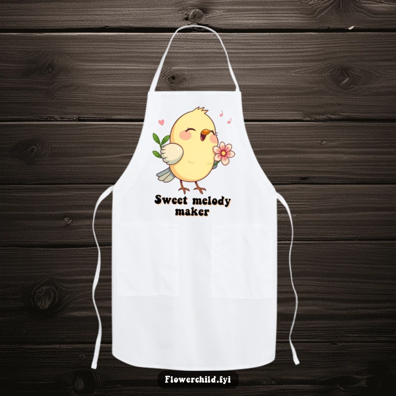 Funny birdsong chef's apron, a happy bird with a flower behind its ear singing.