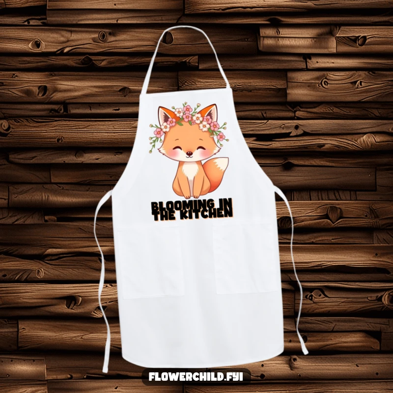 Funny apron with a whimsical fox wearing a blossom wreath, designed for kitchen fun and protecting clothes.