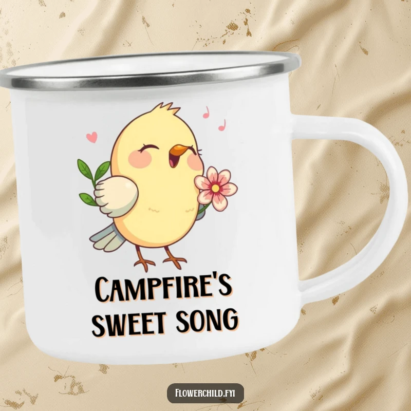 Funny birdsong camping mug, a happy bird with a flower behind its ear singing.