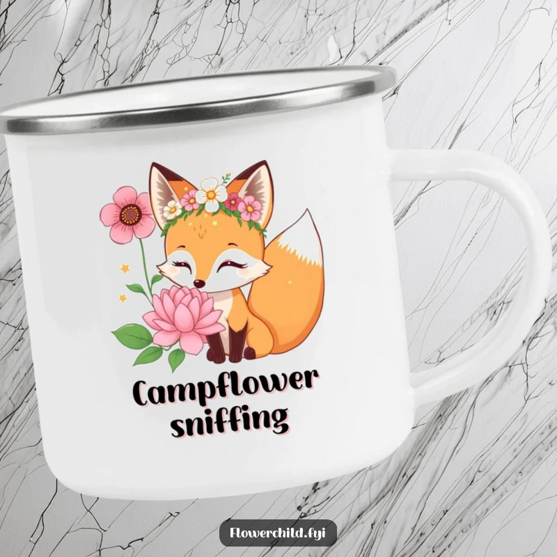 Funny curious fox character wearing a flower crown, sniffing a giant bloom, a rugged camping mug.