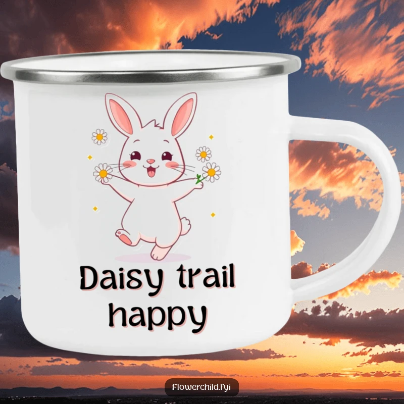 Funny Camping Mug featuring a cheerful rabbit twirling happily with daisies, perfect for enjoying drinks outdoors.