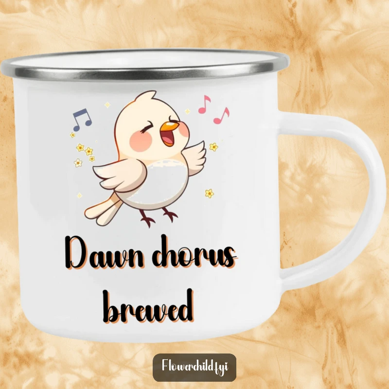 Funny Singing Bird Flower Wings Camping Mug: A happy bird with flowers on its wings sings a tune, designed for outdoor enjoyment.