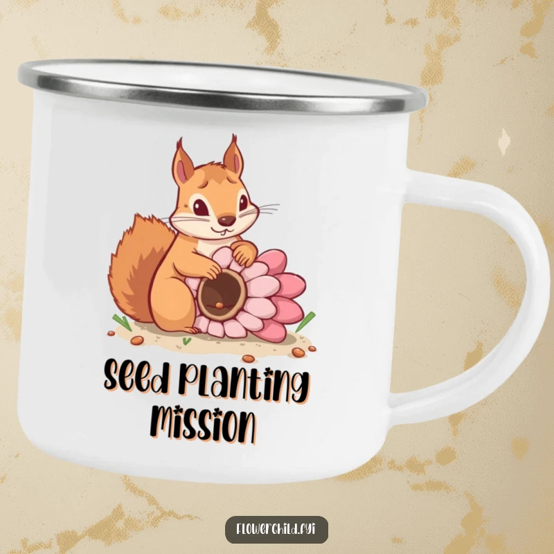 Funny camping mug with a determined squirrel planting a giant flower seed, perfect for outdoor enthusiasts and gardeners.