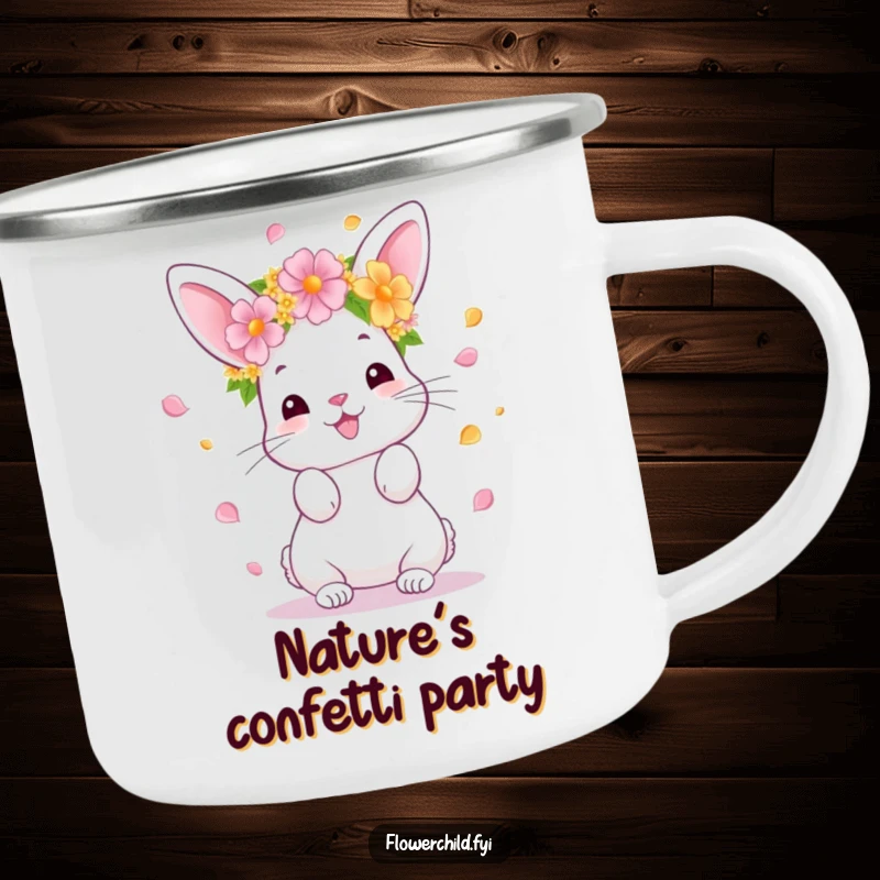 Funny Bunny Camping Mug, strong and reliable, with a happy bunny tossing petals, perfect for outdoor adventures, a great funny gift.
