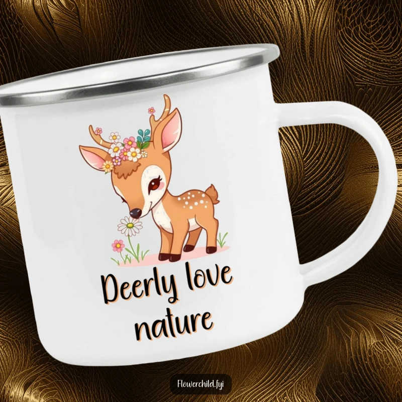 Funny curious deer camping mug, with flowers in antlers, sniffing a daisy, durable and portable, perfect funny gift.
