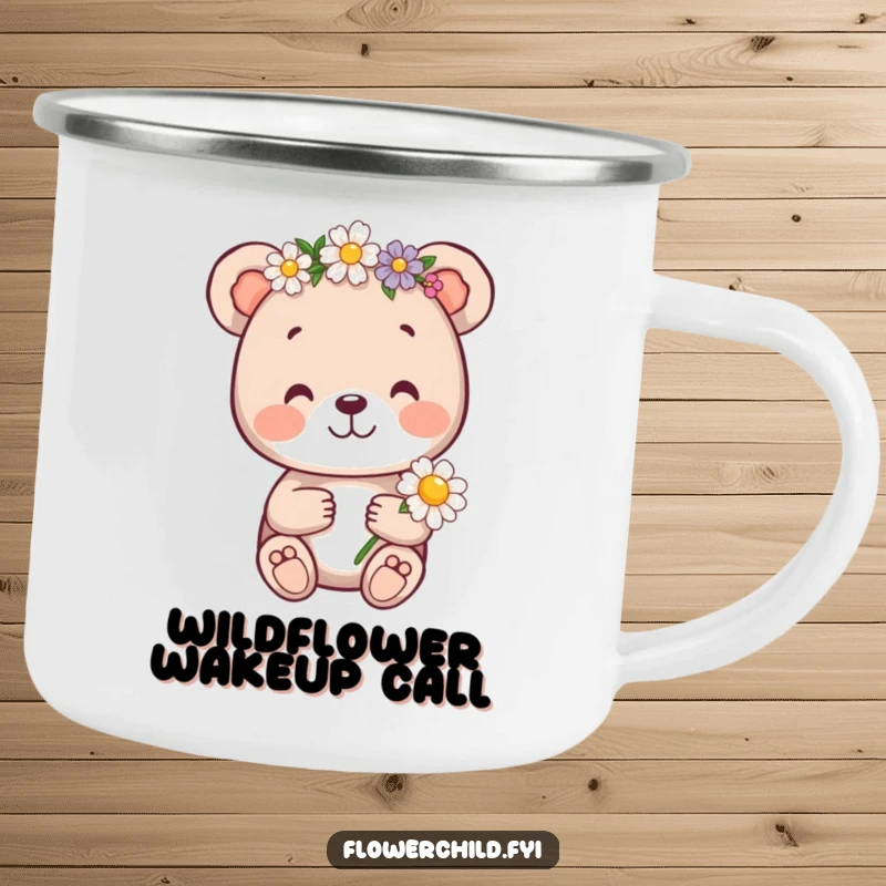 Funny bear cub camping mug, a cheerful bear cub with a flower crown holding a daisy, ideal for outdoor enthusiasts.