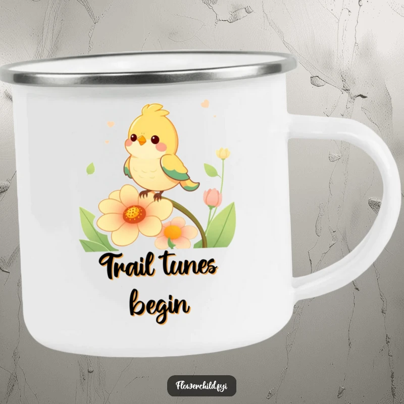 Funny bird character perching on a singing flower, a cheerful scene on this rugged camping mug.